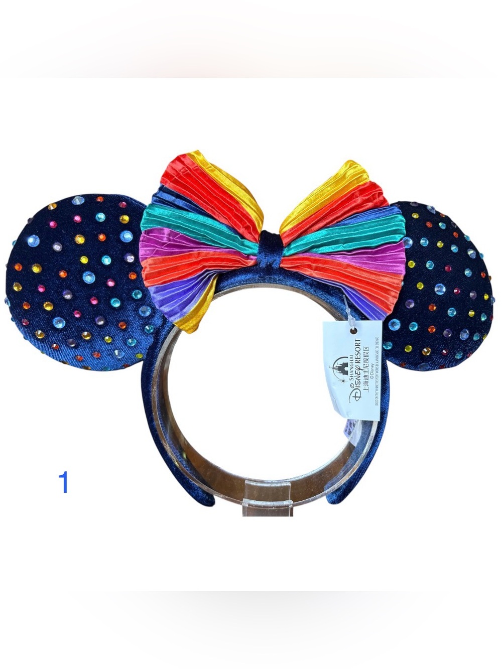 Disney Minnie Mouse Ears Blue Velvet With Rhinestones and Rainbow Bow NEW! 1